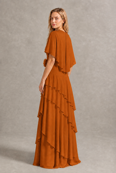BOLODOO Burnt Orange Chiffon Flutter Sleeve Tiered Maxi Dress with 3D Rosette - Burnt Orange