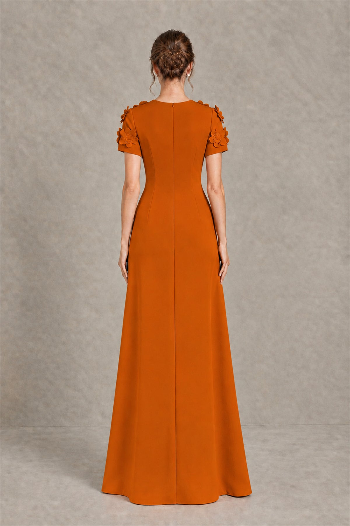 BOLODOO Burnt Orange Textured Floral Maxi Dress with Short Sleeves - Burnt Orange