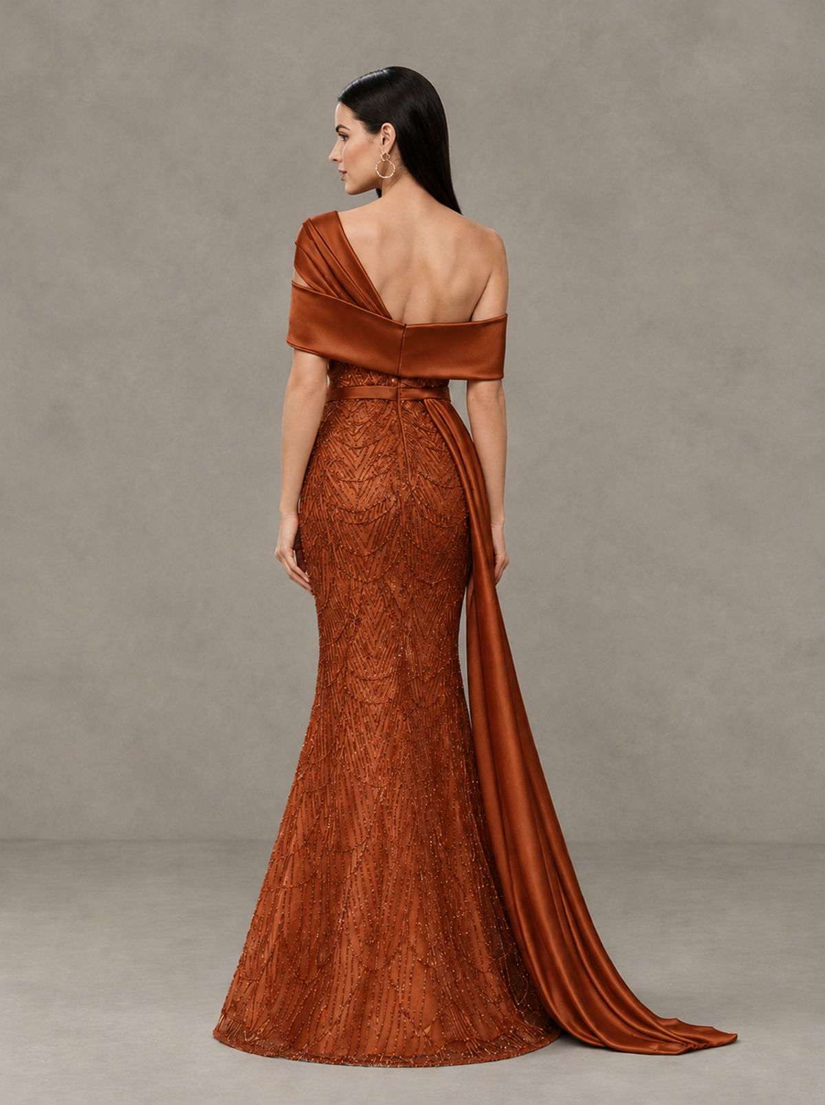BOLODOO Burnt Orange Asymmetric Draped Mermaid Evening Gown with Train - Burnt Orange - Burnt Orange (2)