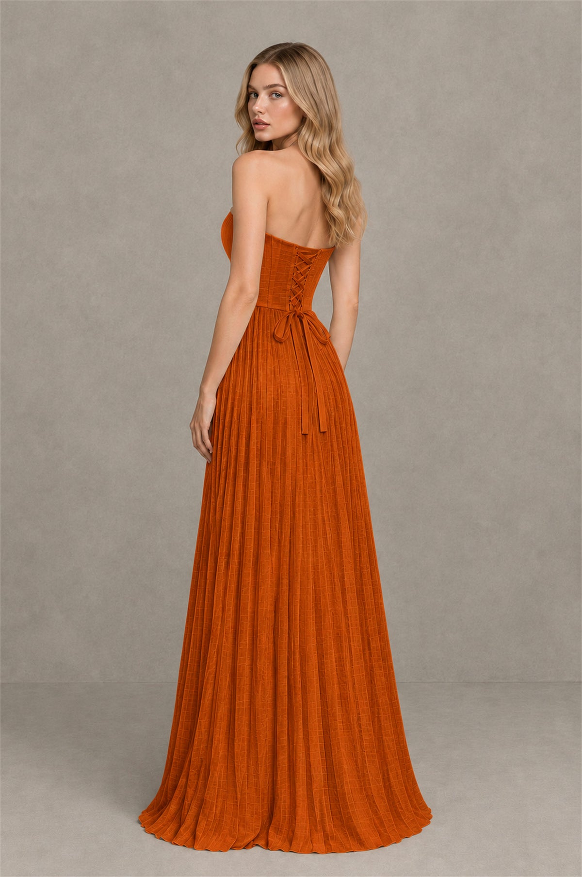 BOLODOO Burnt Orange Strapless Sunburst Pleated Twisted Knot Lace-Up Back Accordion Pleated Chiffon Maxi Dress - Burnt Orange