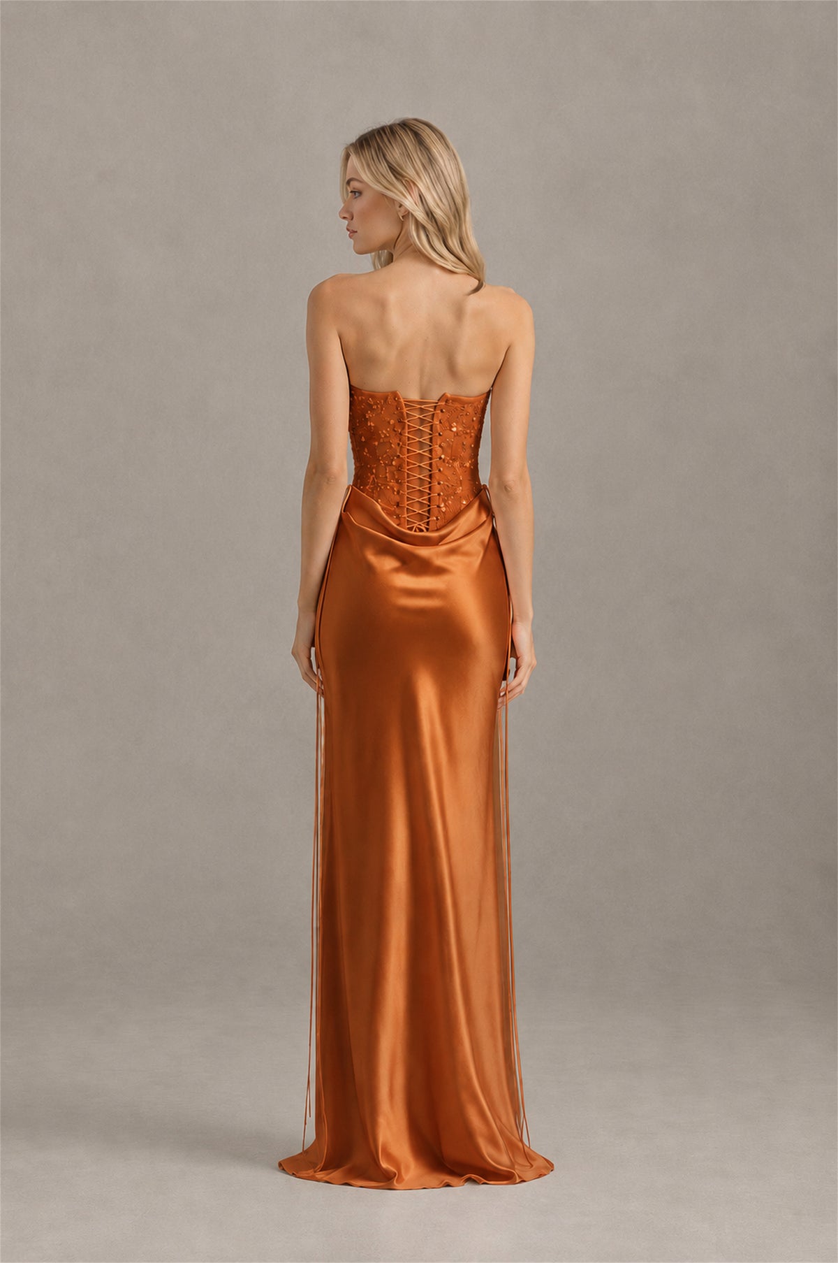 BOLODOO Burnt Orange Strapless Embellished Corset Satin-Look Maxi Dress - Burnt Orange
