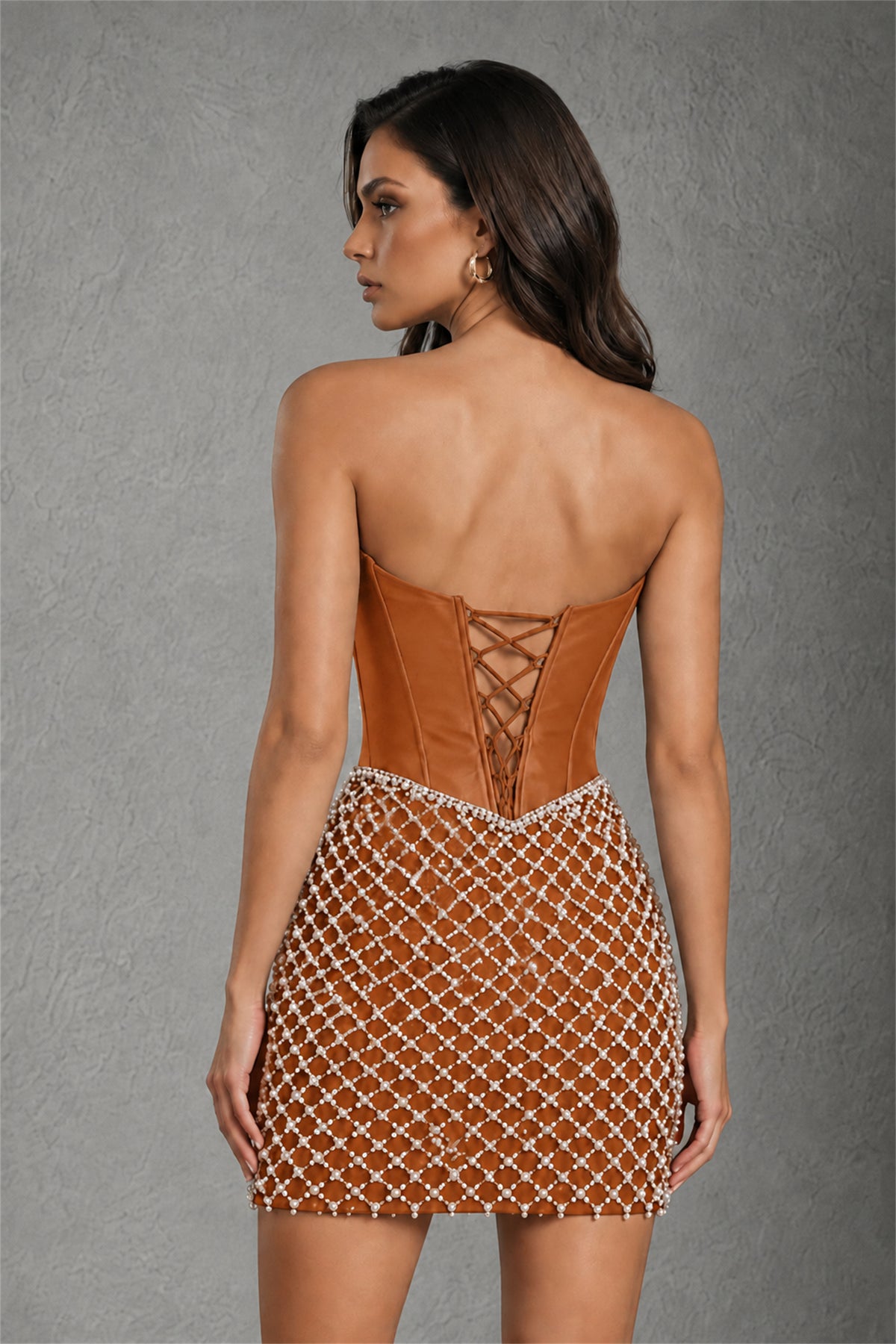 BOLODOO Burnt Orange Strapless Boned Corset Mini Dress Burnt Orange Geometric Beaded Skirt Lace-Up Back BD0355 - Burnt Orange