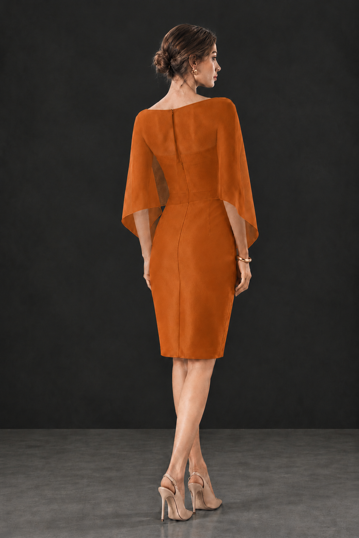 BOLODOO Burnt Orange Cape Knee-Length Mother of the Bride Dress - Burnt Orange - Burnt Orange (2)