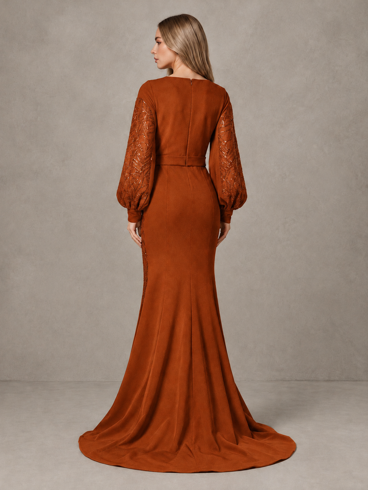 BOLODOO Burnt Orange Sequin Long Bishop Sleeve Mermaid Evening Dress - Burnt Orange - Burnt Orange (2)