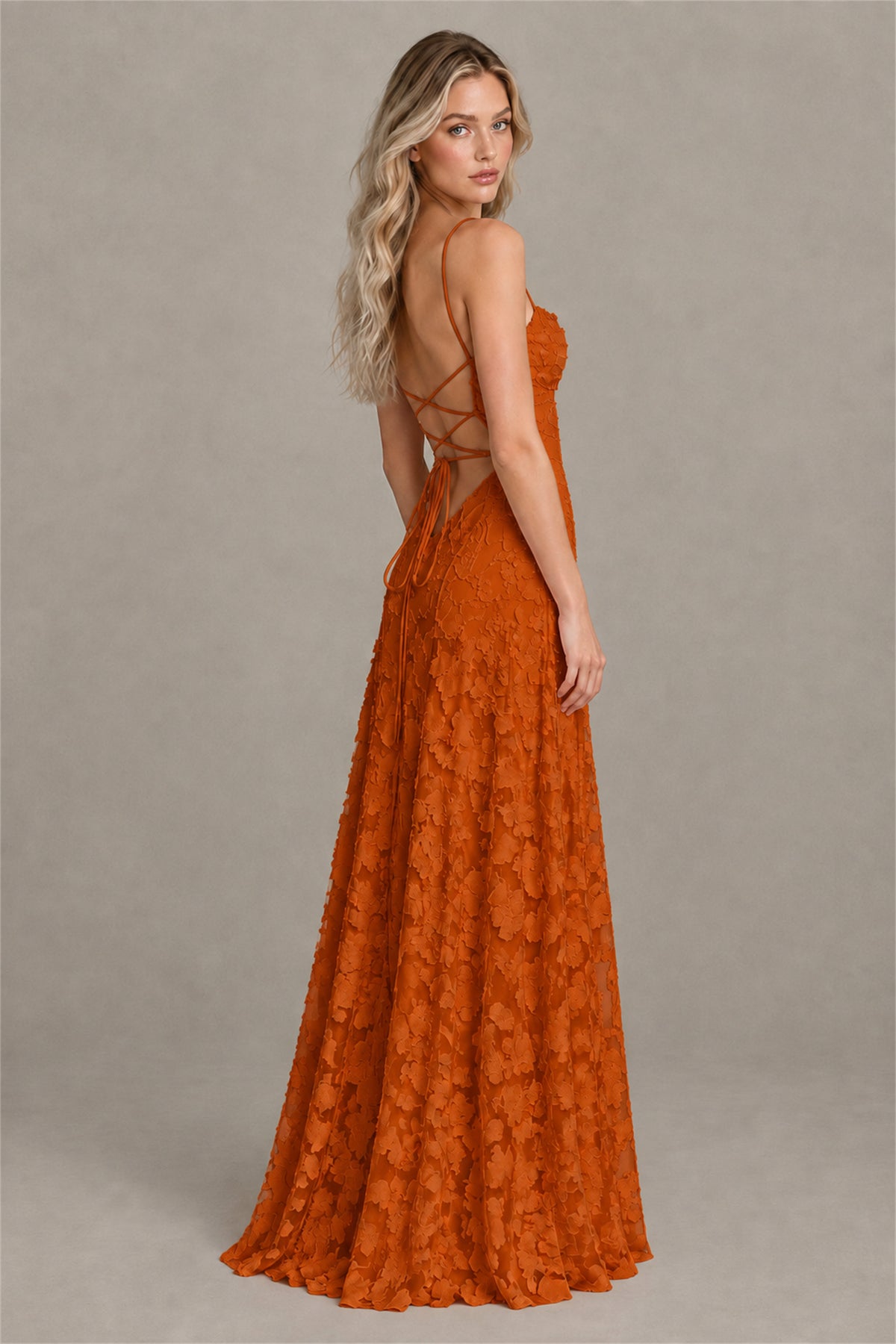 BOLODOO Burnt Orange Floral Appliqué Lace-Up Back Maxi Dress - Burnt Orange
