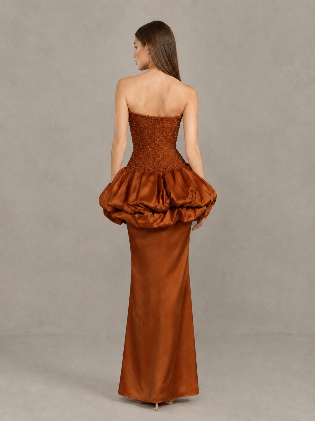 BOLODOO Burnt Orange Strapless Embellished Bubble Peplum Evening Dress - Burnt Orange - Burnt Orange (2)