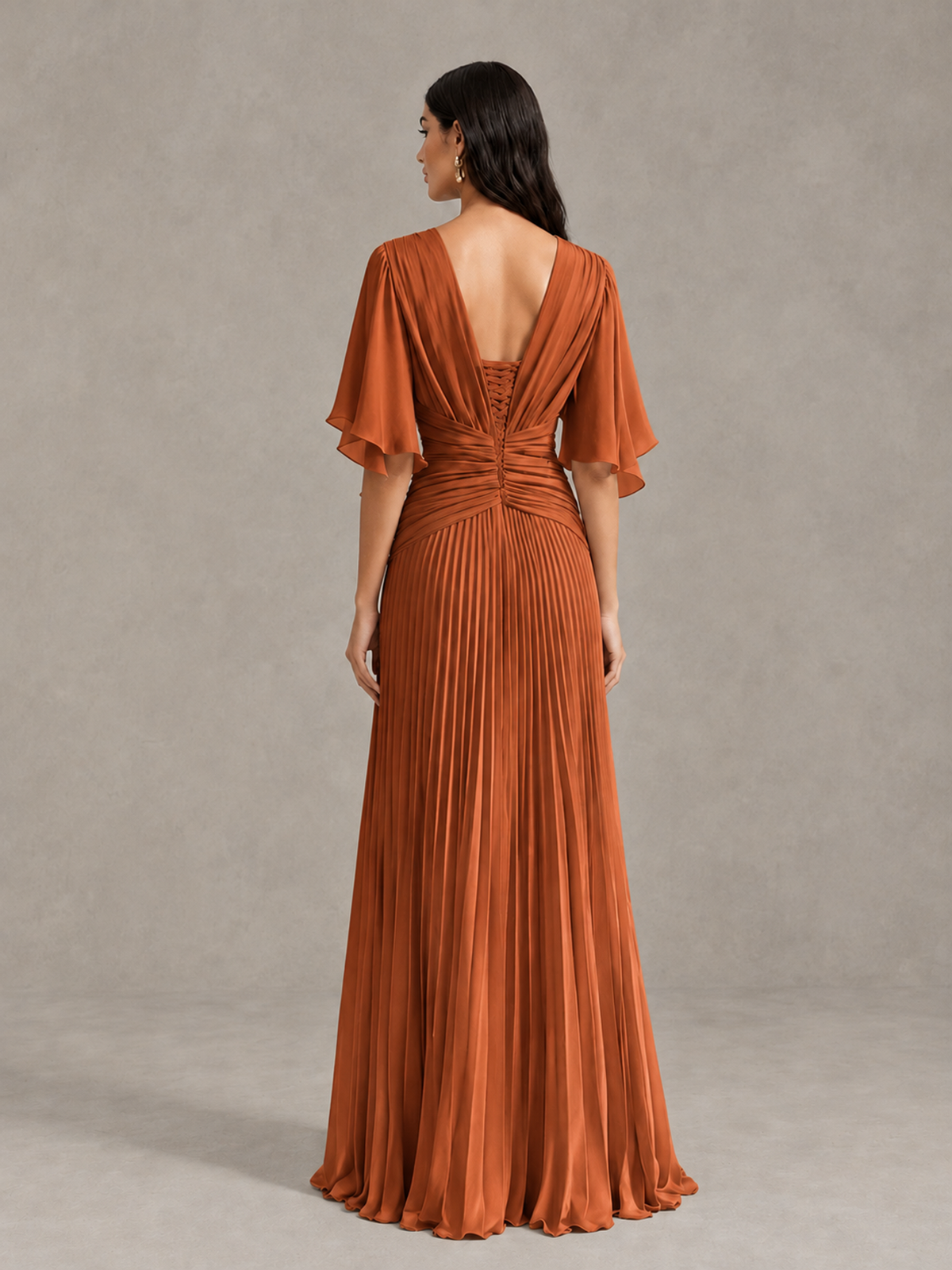 BOLODOO Burnt Orange Pleated V-Neck Flutter Sleeve Bridesmaid Dress - Burnt Orange - Burnt Orange (2)