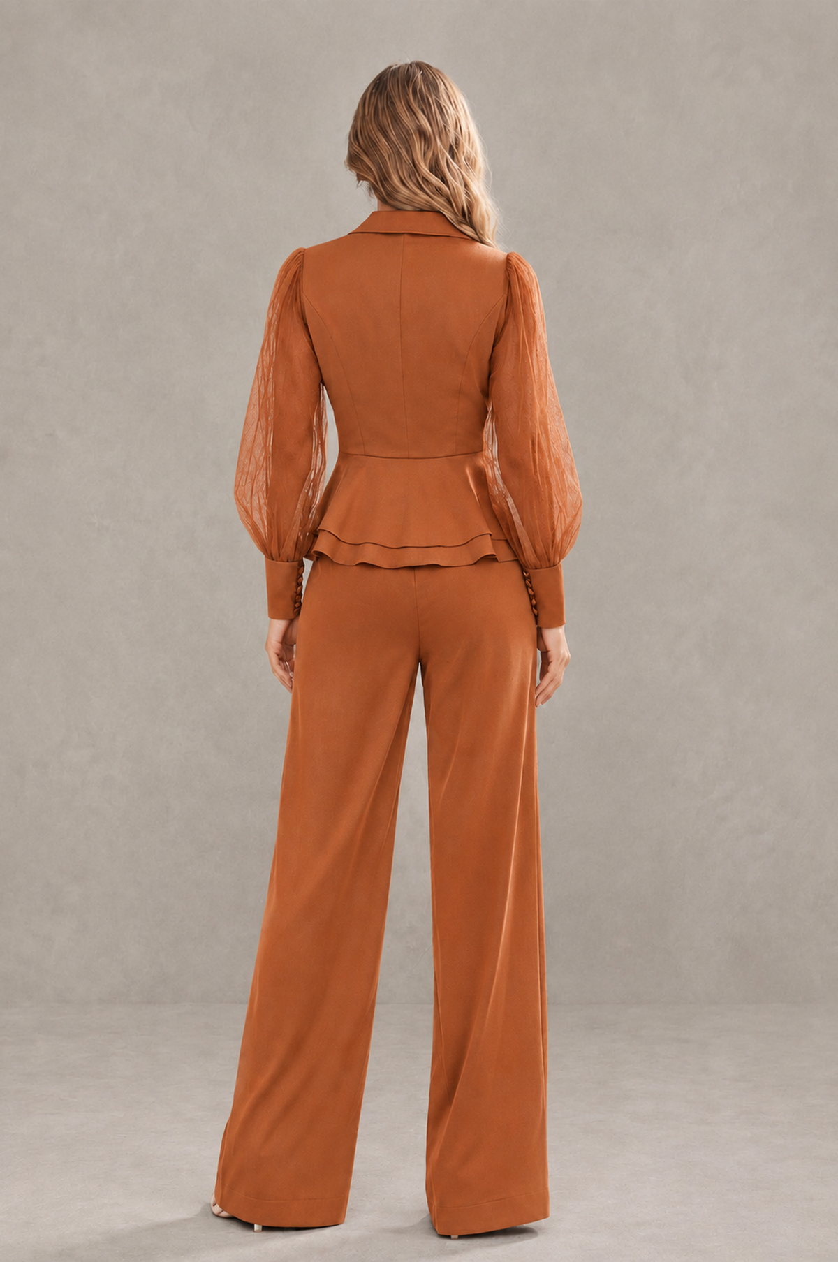 BOLODOO Mint Burnt Orange Peplum Blazer Wide-Leg Pantsuit with Sheer Puff Sleeves - Burnt Orange
