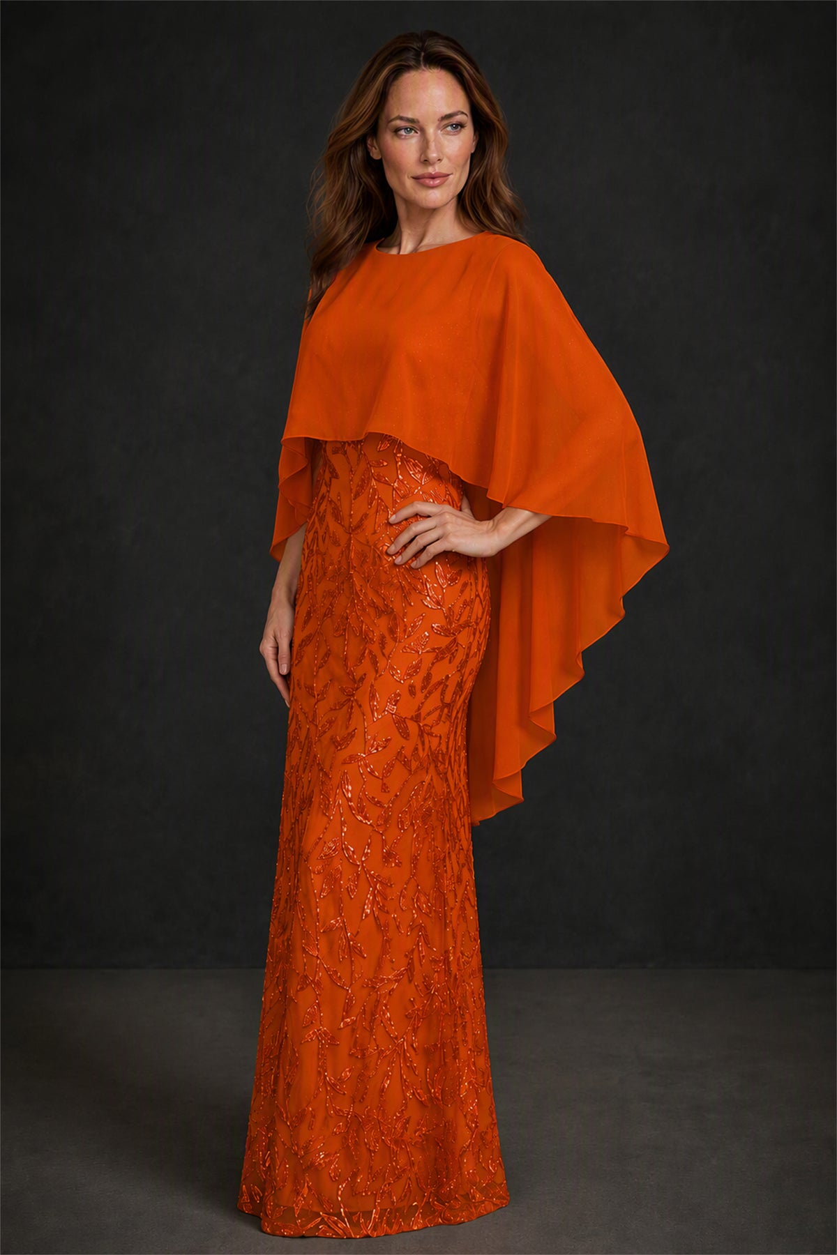 BOLODOO Burnt Orange Round Neck Chiffon Cape Overlay Sequin Lace Mermaid Maxi Dress - Burnt Orange