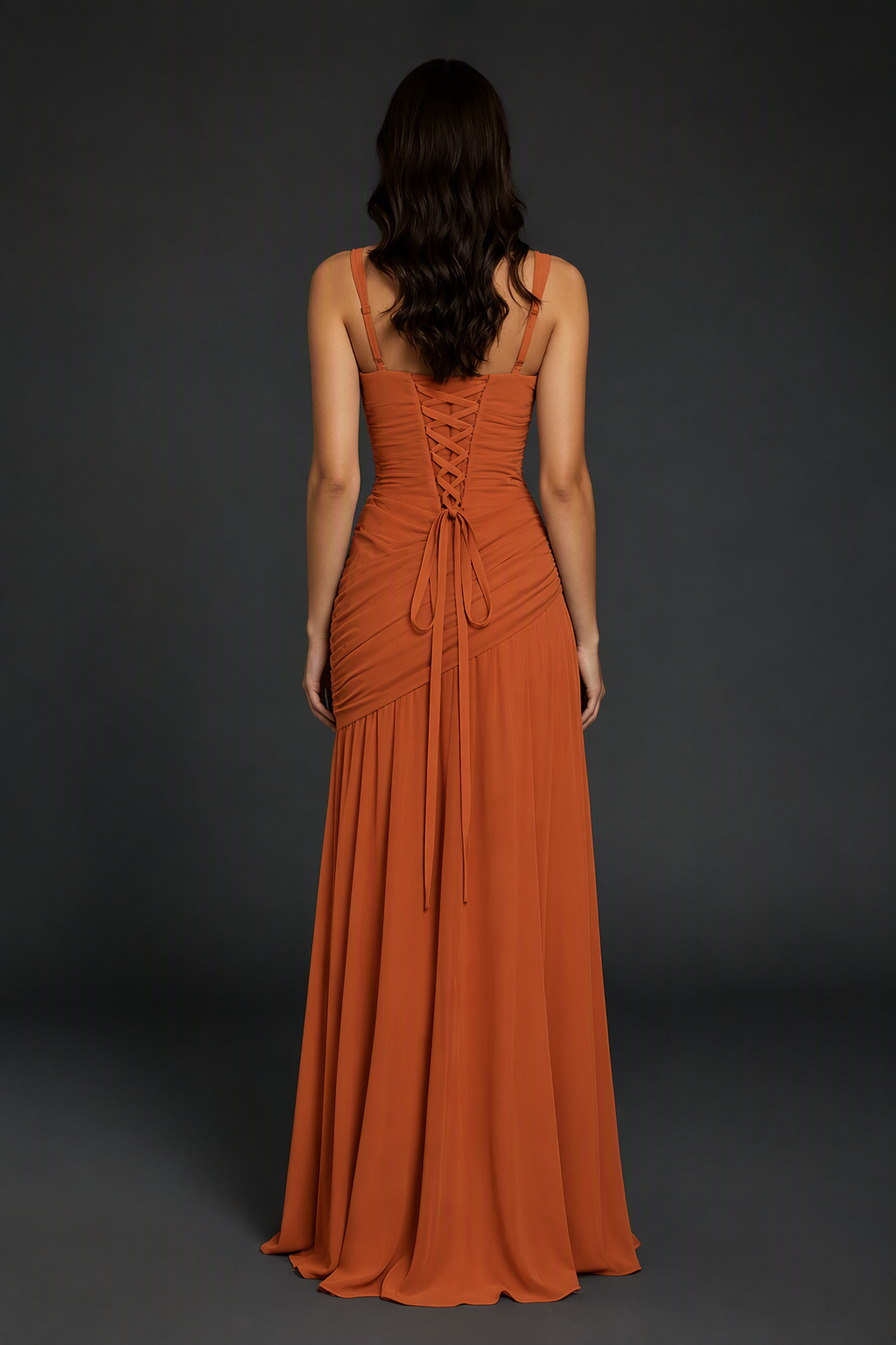 BOLODOO Burnt Orange Spaghetti Strap Ruched Maxi Dress – Formal Evening Gown with Slit - Burnt Orange