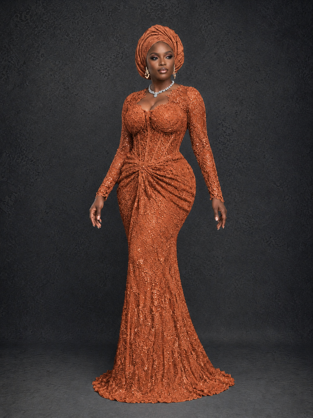 BOLODOO Burnt Orange Beaded Lace Long Sleeve Mermaid Gown Sweetheart | Mother of the Bride - Burnt Orange