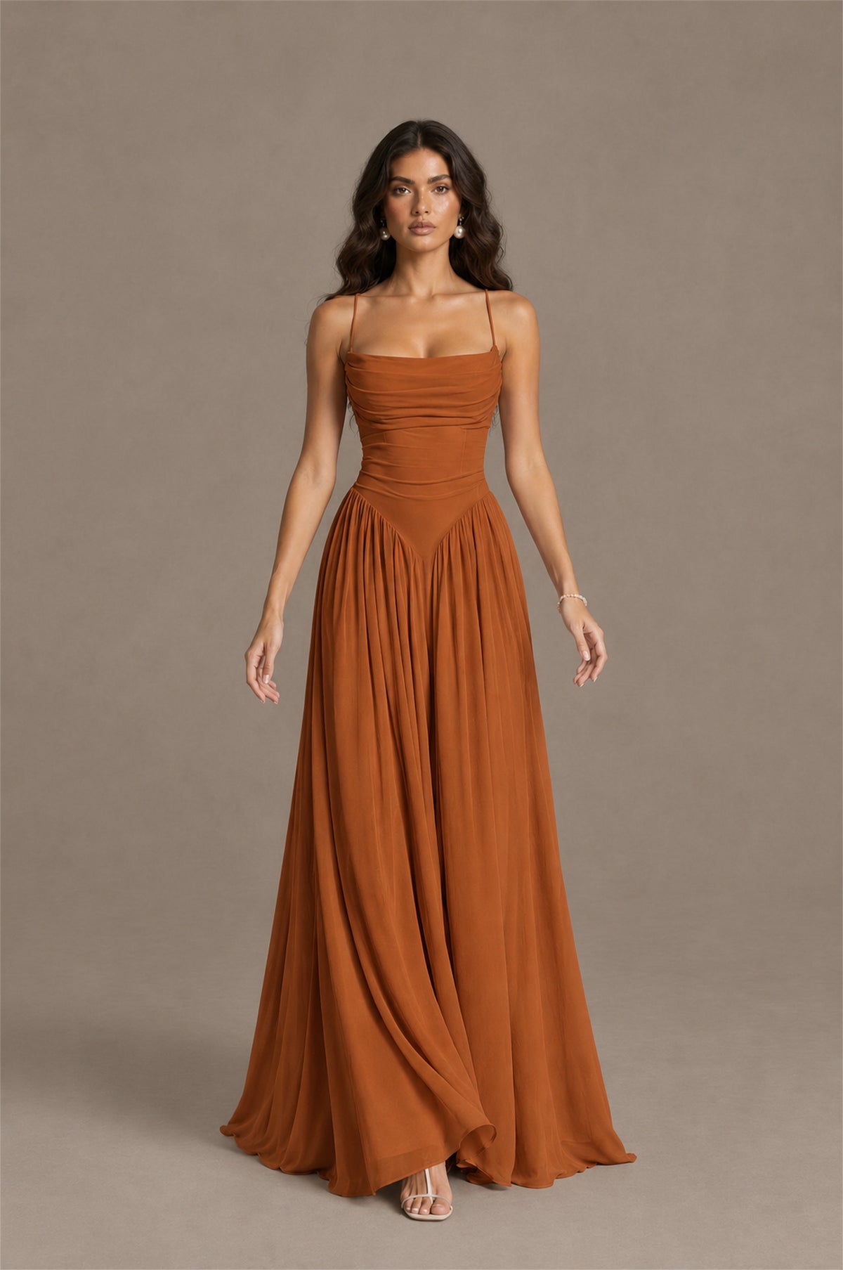BOLODOO Burnt Orange Spaghetti Strap Square Neck Ruched Chiffon Maxi Dress with Lace-Up Back - Burnt Orange