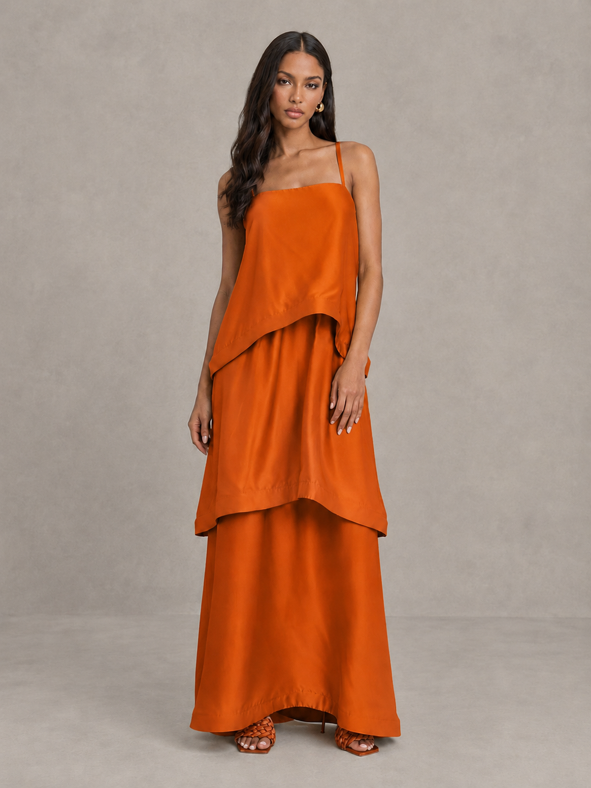 BOLODOO Burnt Orange Satin Tiered Maxi Dress with Spaghetti Straps - Burnt Orange