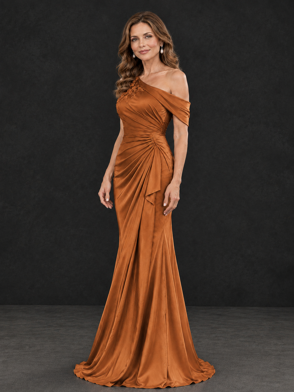 BOLODOO Burnt Orange Asymmetric Satin Mother of the Bride Dress with Lace Sleeve - Burnt Orange - Burnt Orange (3)