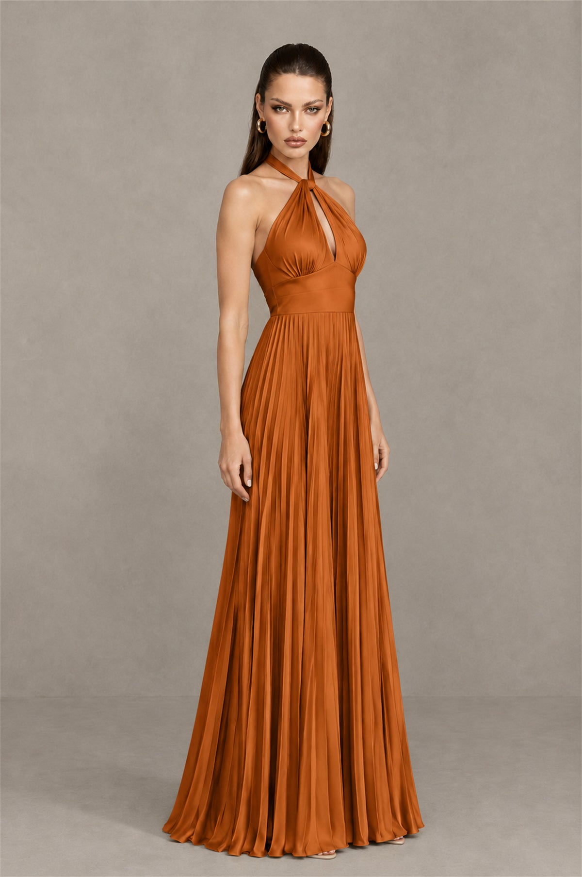 BOLODOO Burnt Orange Halter Pleated A-Line Evening Dress - Burnt Orange