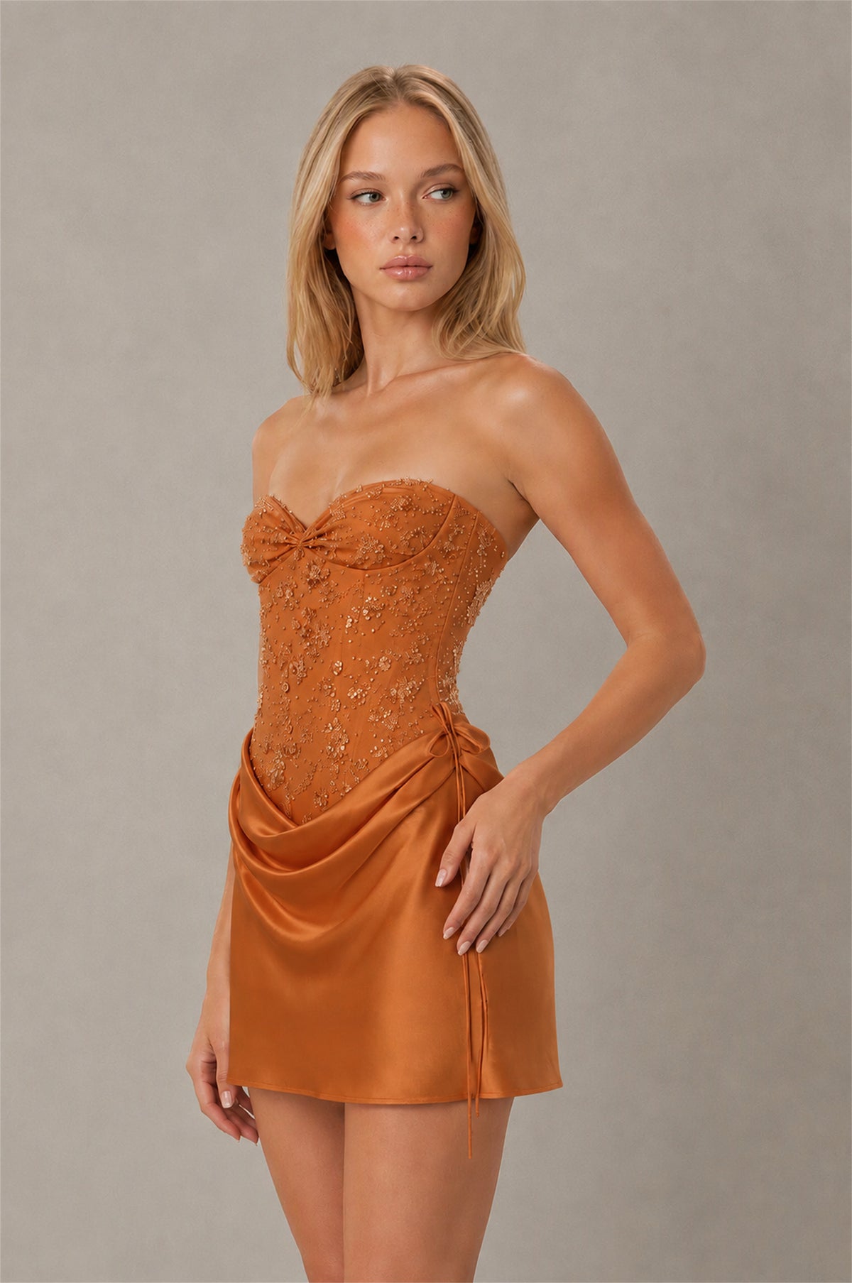 BOLODOO Burnt Orange Lace Corset Strapless Sweetheart Satin Mini Dress with Open Back - Burnt Orange