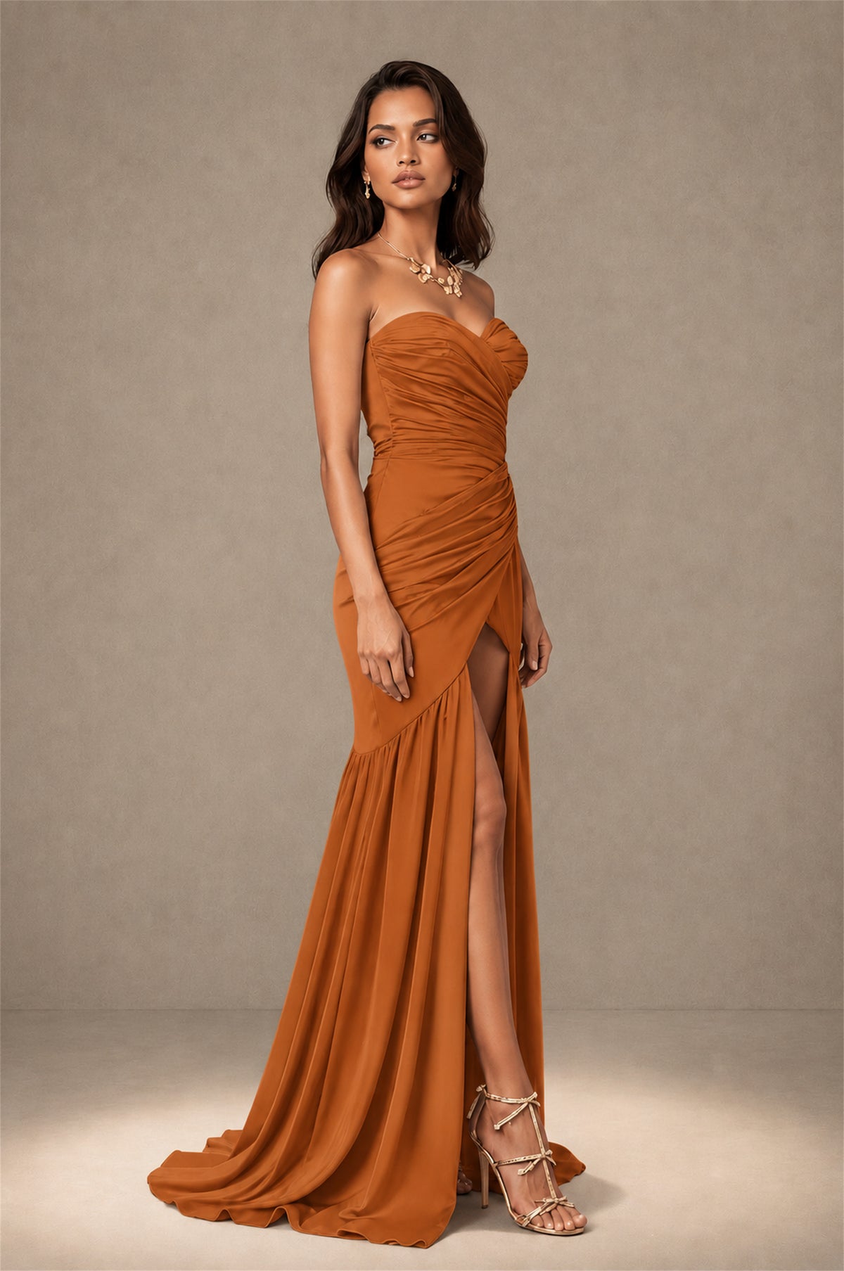 BOLODOO Burnt Orange Brown Stretch Satin Sweetheart Strapless Ruched Open Back High Slit Mermaid Maxi Dress - Burnt Orange