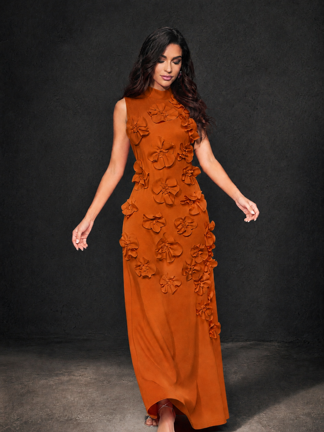 BOLODOO Burnt Orange Mock Neck Sleeveless 3D Floral Appliqué Maxi Dress with Bow Back - Burnt Orange