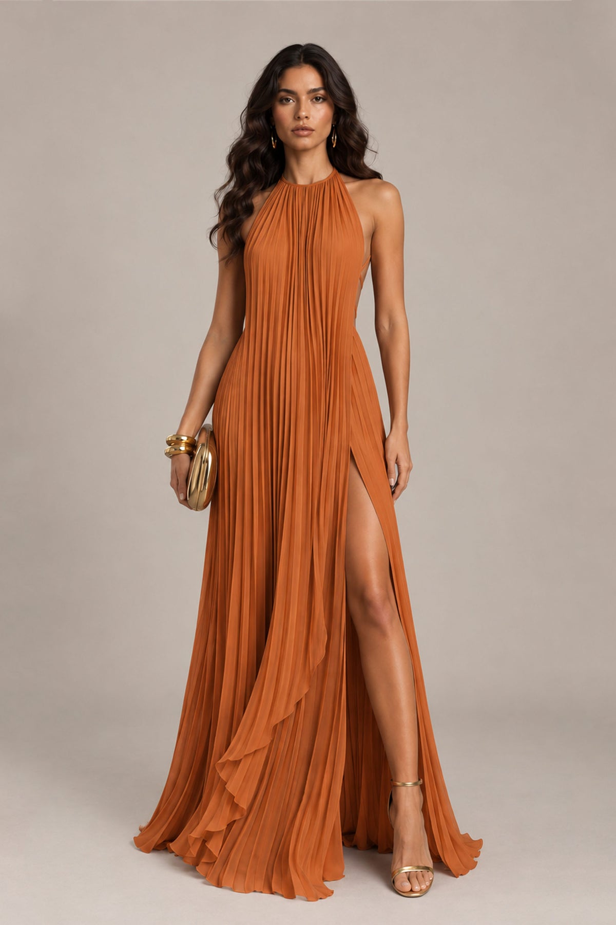BOLODOO Burnt Orange Halter Neck Pleated Chiffon Maxi Dress with Side Slit - Burnt Orange