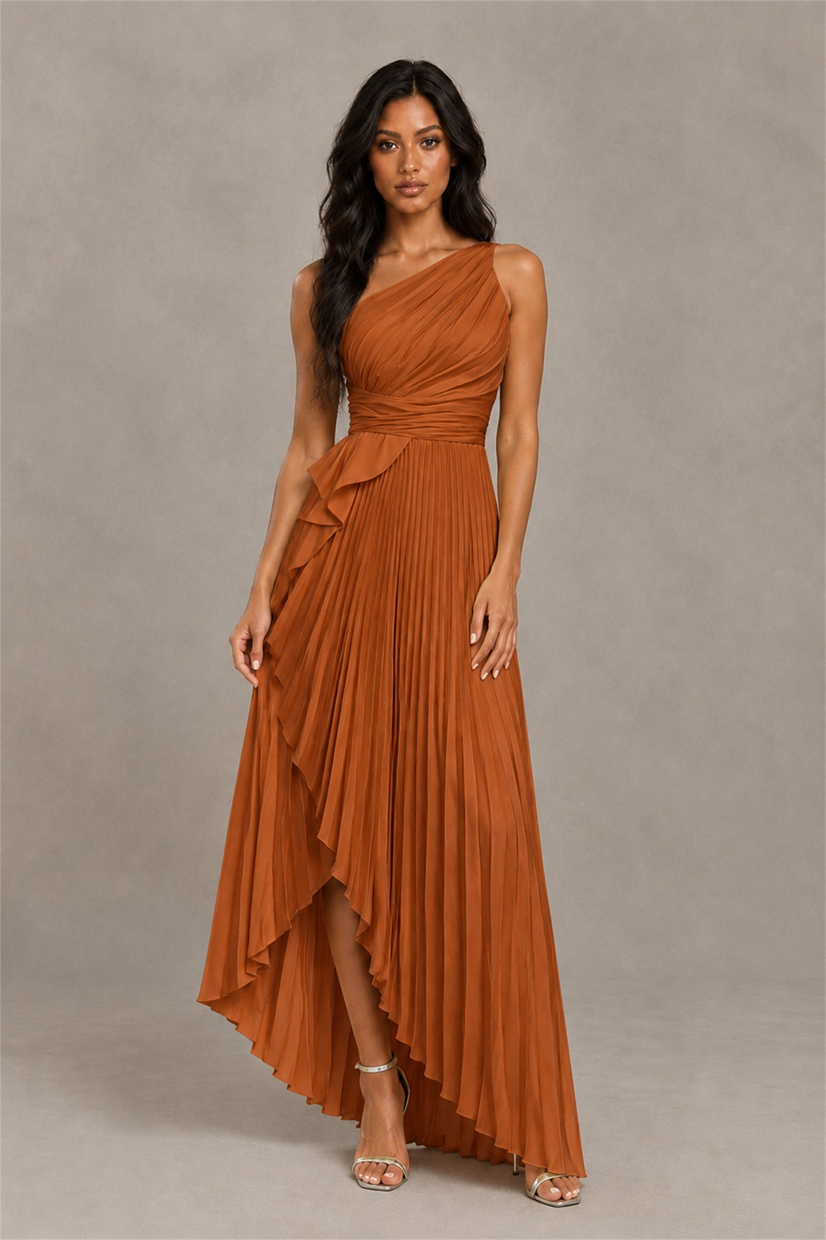 BOLODOO Burnt Orange One-Shoulder High-Low Ruffle Maxi Dress - Burnt Orange