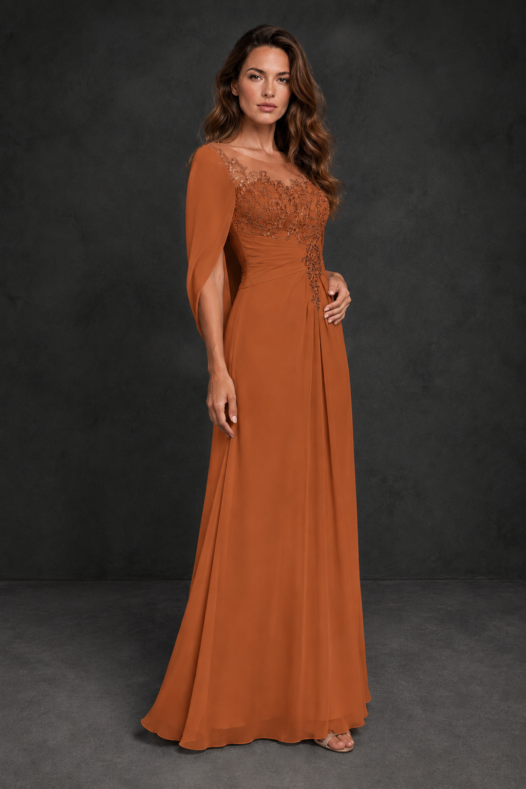 BOLODOO Burnt Orange Illusion Lace One-Side Cape Sleeve Beaded Chiffon Floor Length Gown | Mother of the Bride Evening Dress - Burnt Orange