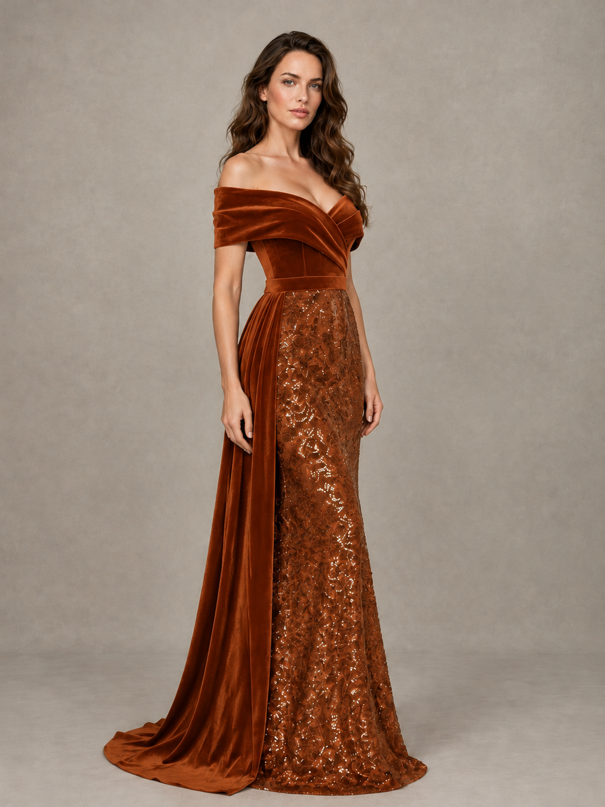 BOLODOO Burnt Orange Off-Shoulder Velvet & Sequin Evening Gown with Side Train - Burnt Orange - Burnt Orange (3)