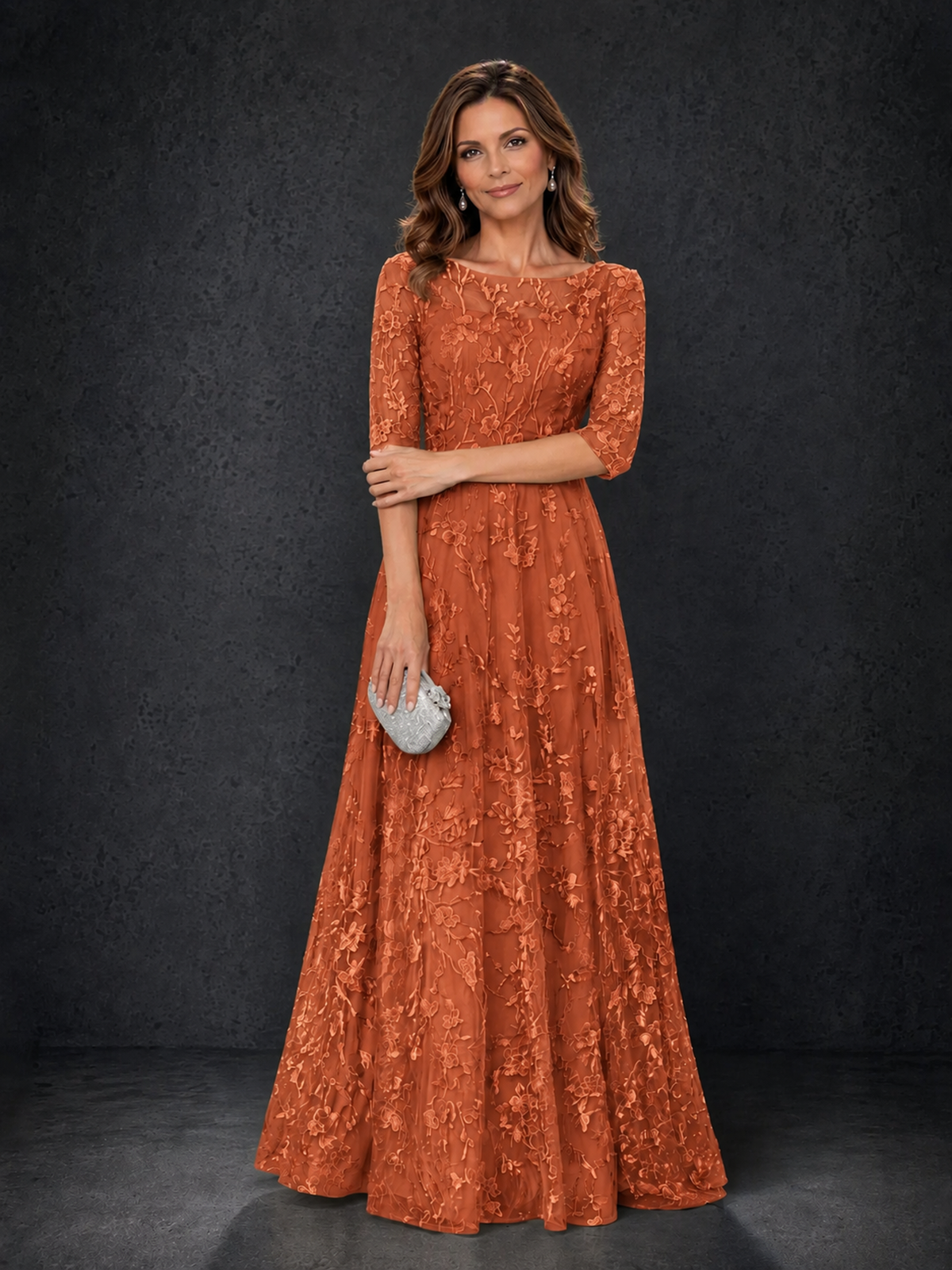 BOLODOO Wisteria Burnt Orange Illusion Bateau Neck 3/4 Sleeve Floral Lace A-Line Mother of the Bride Dress MX007 - Burnt Orange