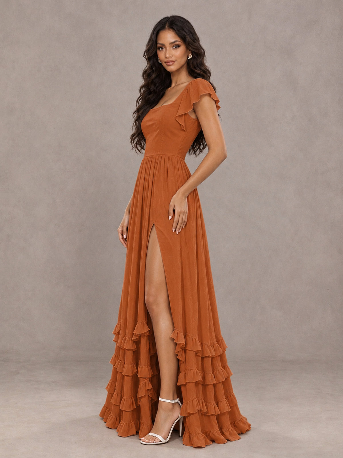 BOLODOO Burnt Orange Flutter Sleeve Ruffle Bridesmaid Dress with Slit - Burnt Orange - Burnt Orange (3)