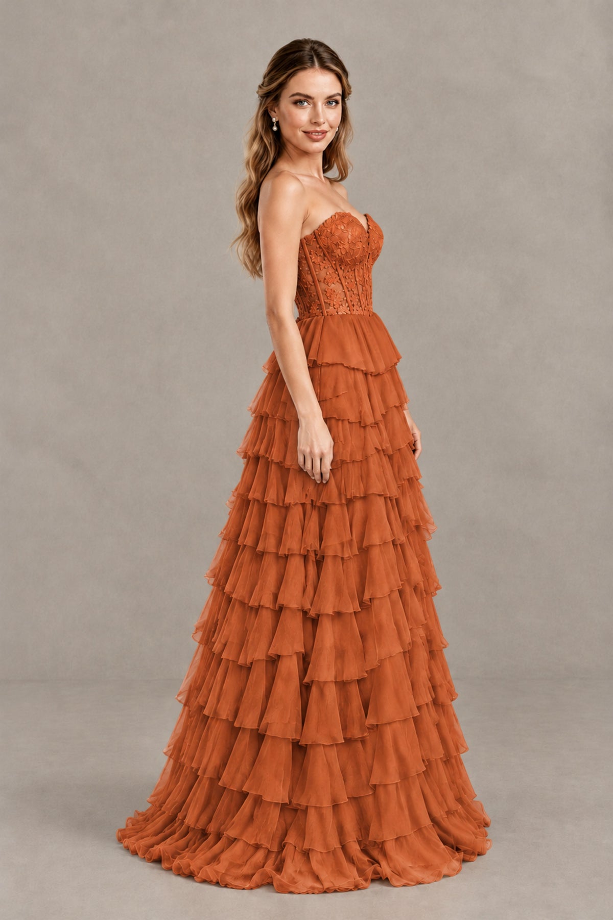 BOLODOO Burnt Orange Strapless Lace Corset Tiered Ruffle Prom Dress with Slit - Burnt Orange - Burnt Orange (3)