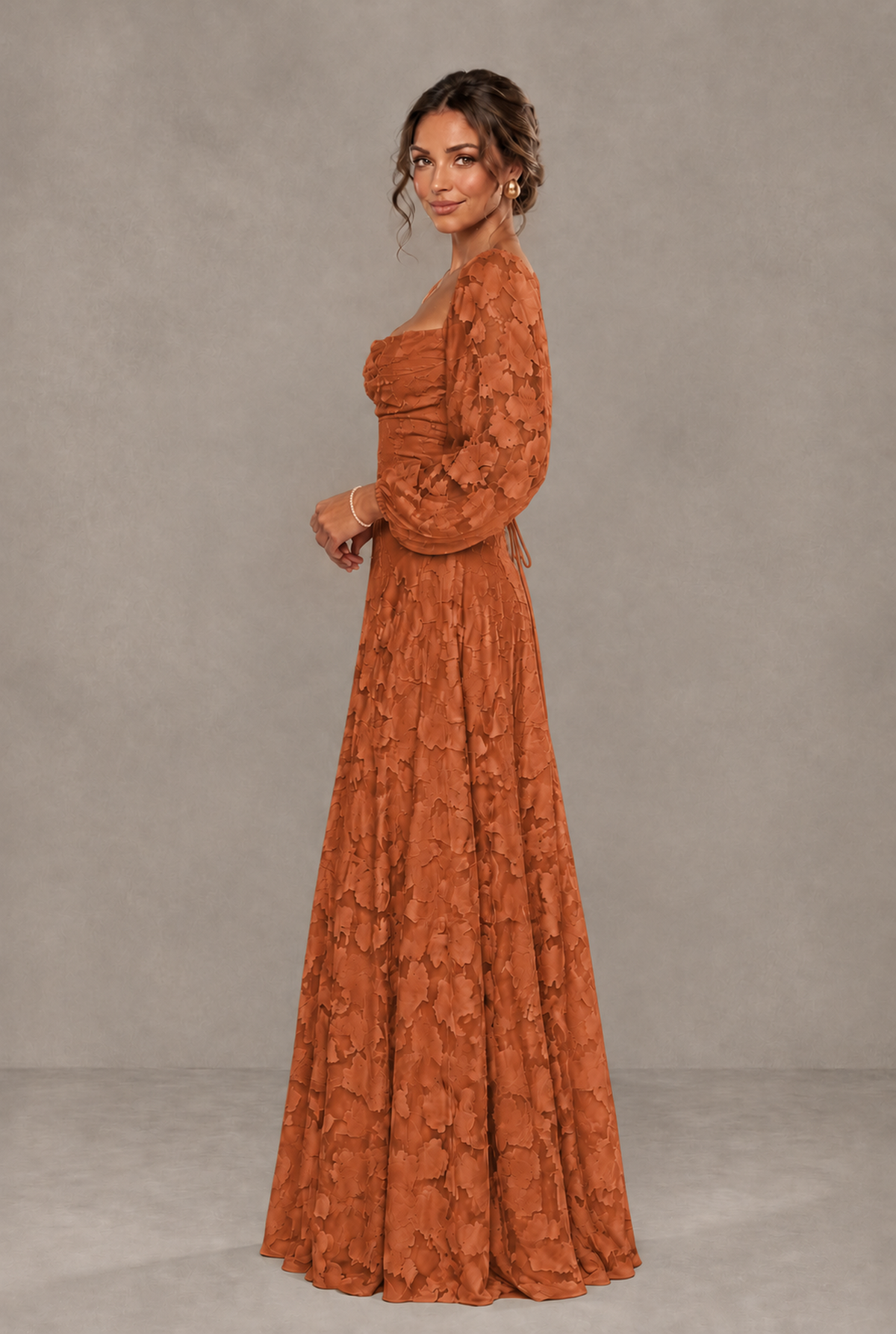BOLODOO Floral Burnt Orange Long Sleeve A-Line Dress with Lace-Up Back - Burnt Orange
