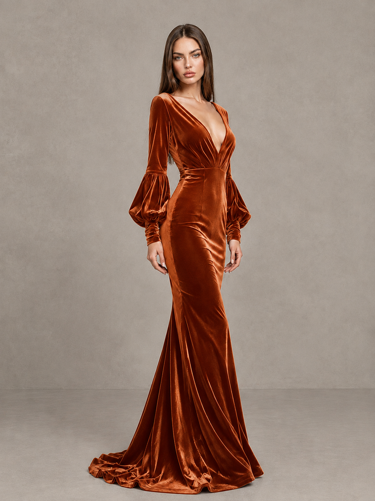BOLODOO Burnt Orange Velvet V-Neck Long Sleeve Open Back Mermaid Evening Gown - Burnt Orange - Burnt Orange (3)