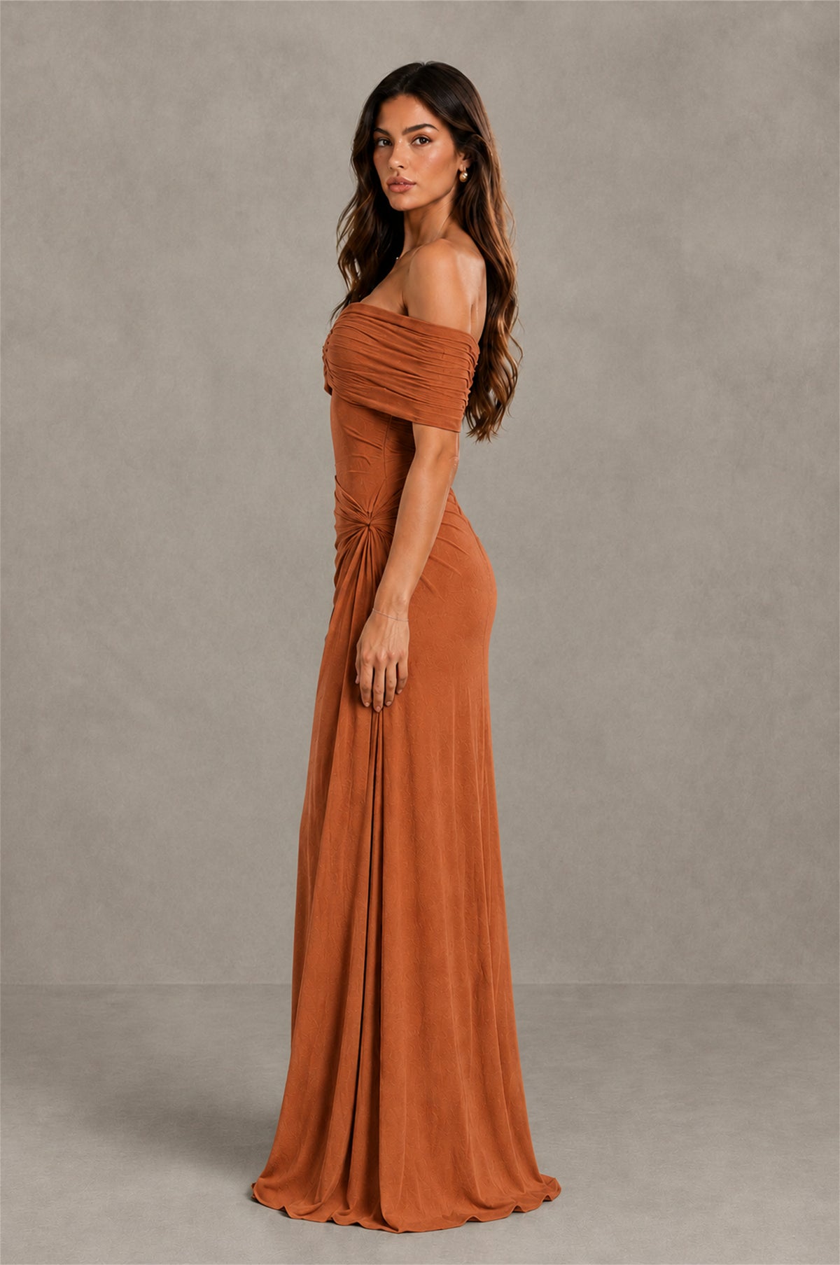 BOLODOO Burnt Orange Off-Shoulder Ruched Maxi Dress - Burnt Orange