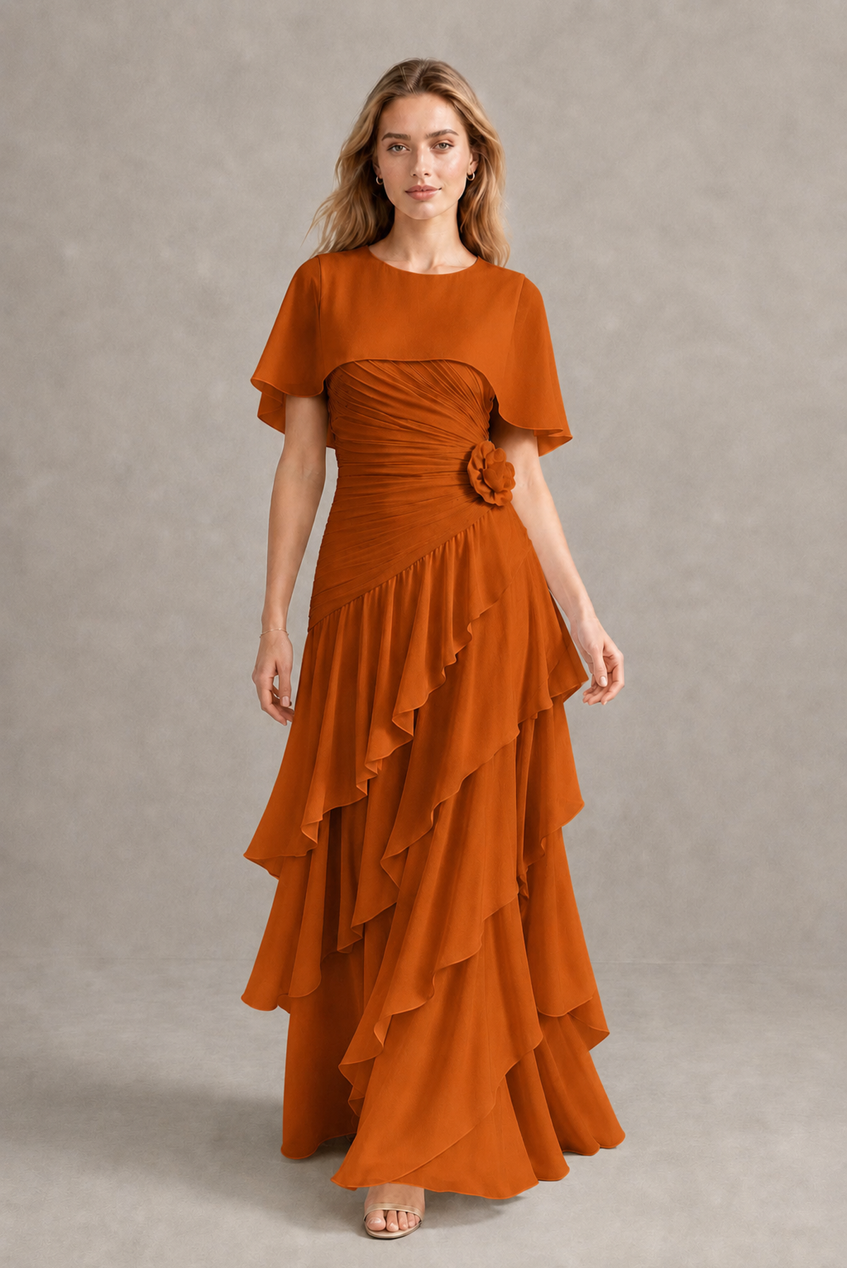 BOLODOO Burnt Orange Chiffon Flutter Sleeve Tiered Maxi Dress with 3D Rosette - Burnt Orange