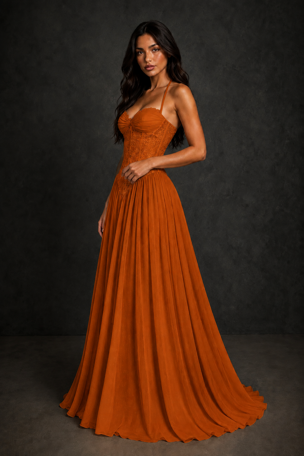 BOLODOO Burnt Orange Lace Corset Halter Maxi Gown – Backless A-Line Formal Dress - Burnt Orange
