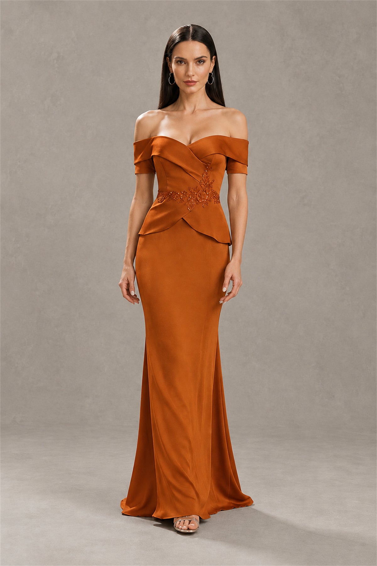 BOLODOO Burnt Orange Off-Shoulder Mermaid Mother of the Bride Dress - Burnt Orange