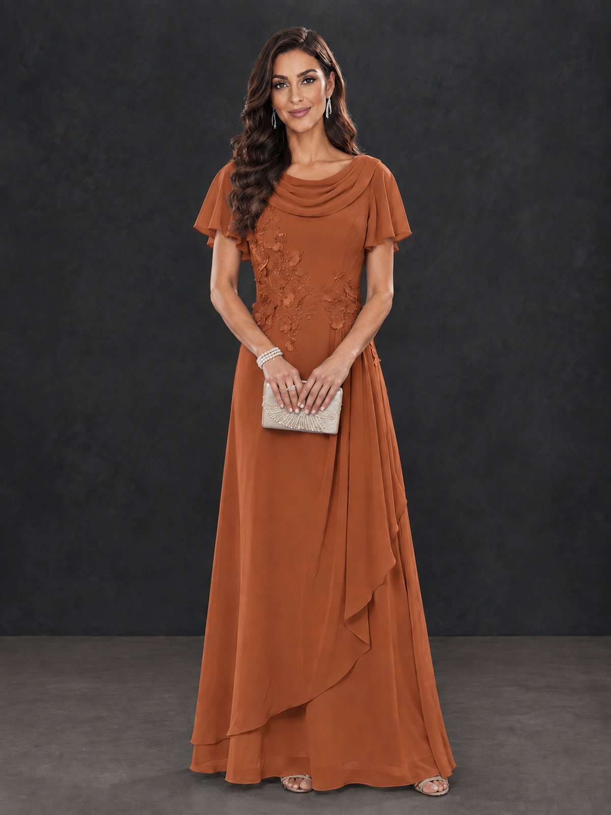 BOLODOO Burnt Orange Floral Flutter Sleeve Mother of the Bride Dress - Burnt Orange