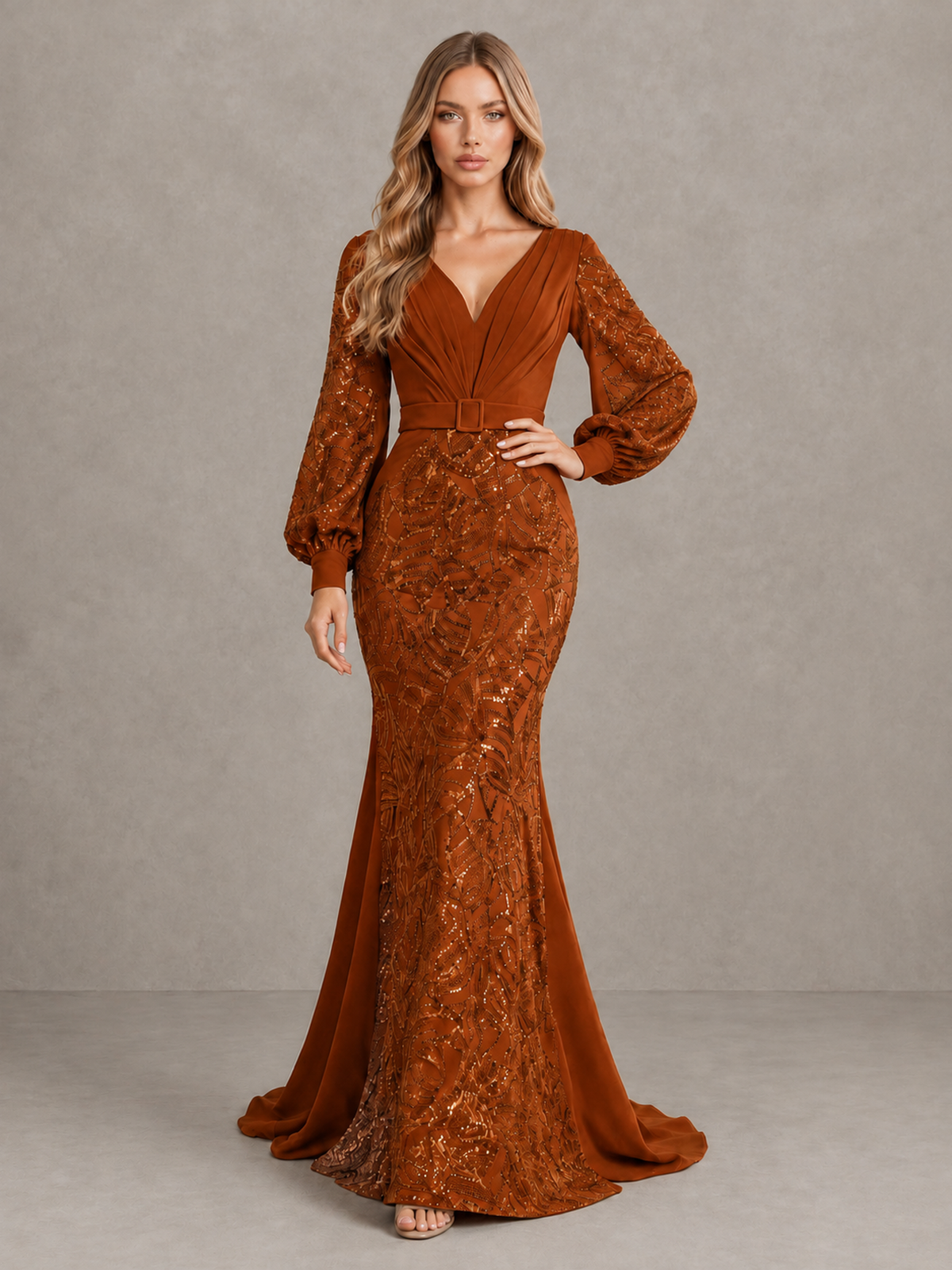 BOLODOO Burnt Orange Sequin Long Bishop Sleeve Mermaid Evening Dress - Burnt Orange - Burnt Orange (3)