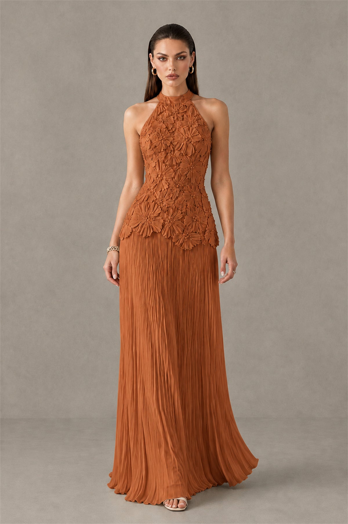 BOLODOO Burnt Orange 3D Floral Applique Halter Neck Open Back Pleated Maxi Dress - Burnt Orange