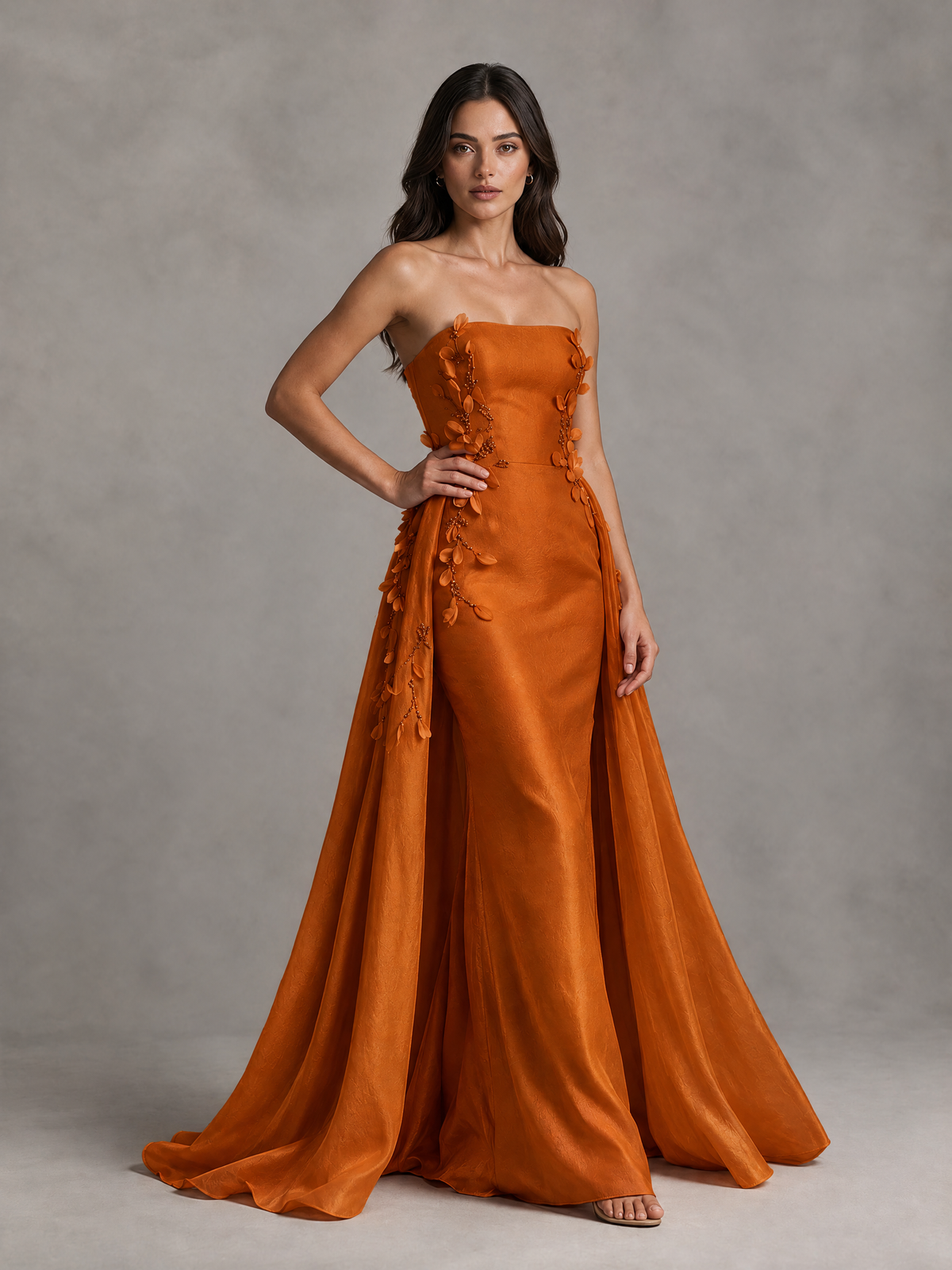 BOLODOO Burnt Orange Strapless Floral Applique Prom Dress with Overskirt - Burnt Orange - Burnt Orange (3)