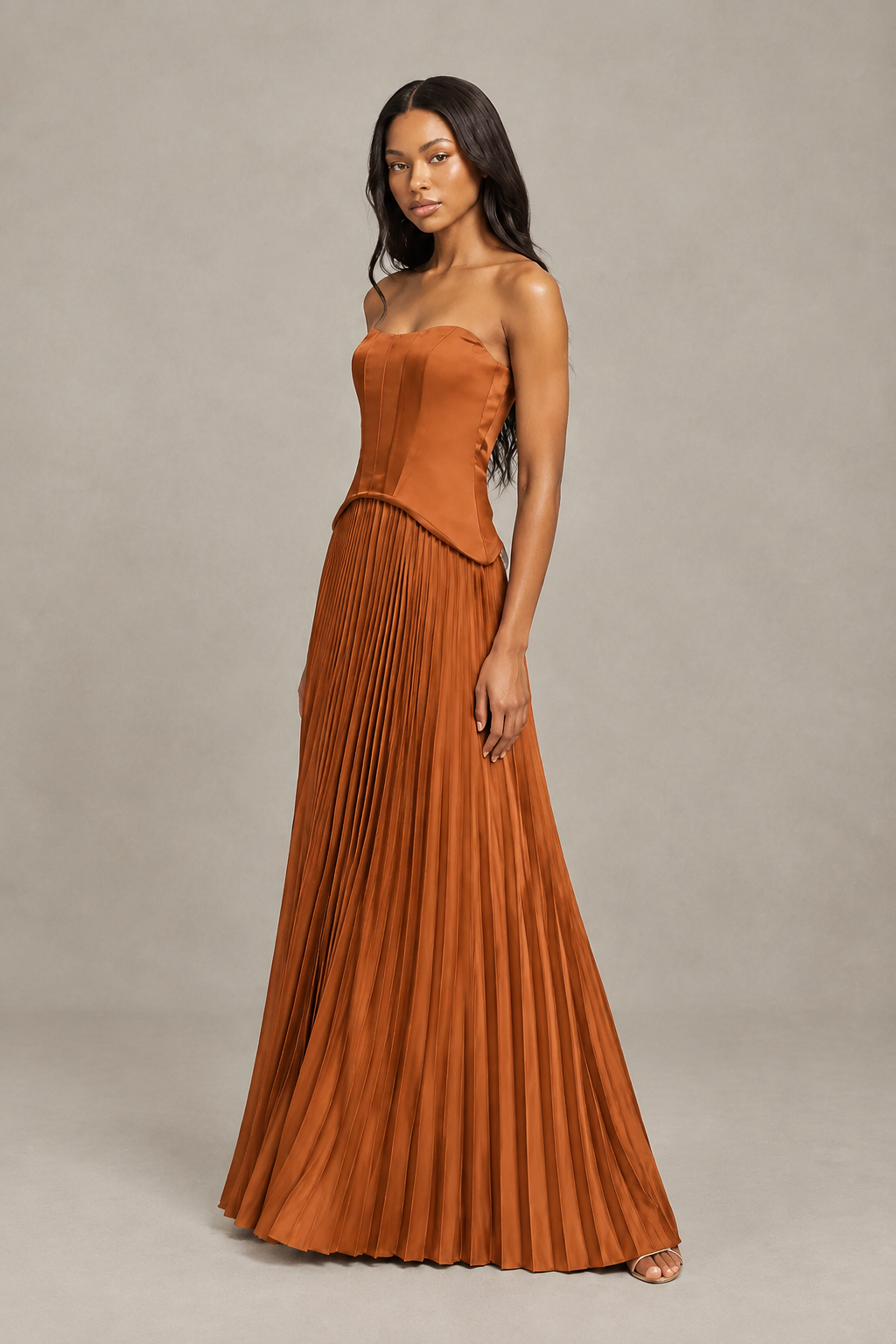BOLODOO Burnt Orange Strapless Pleated Satin Evening Prom Dress - Burnt Orange