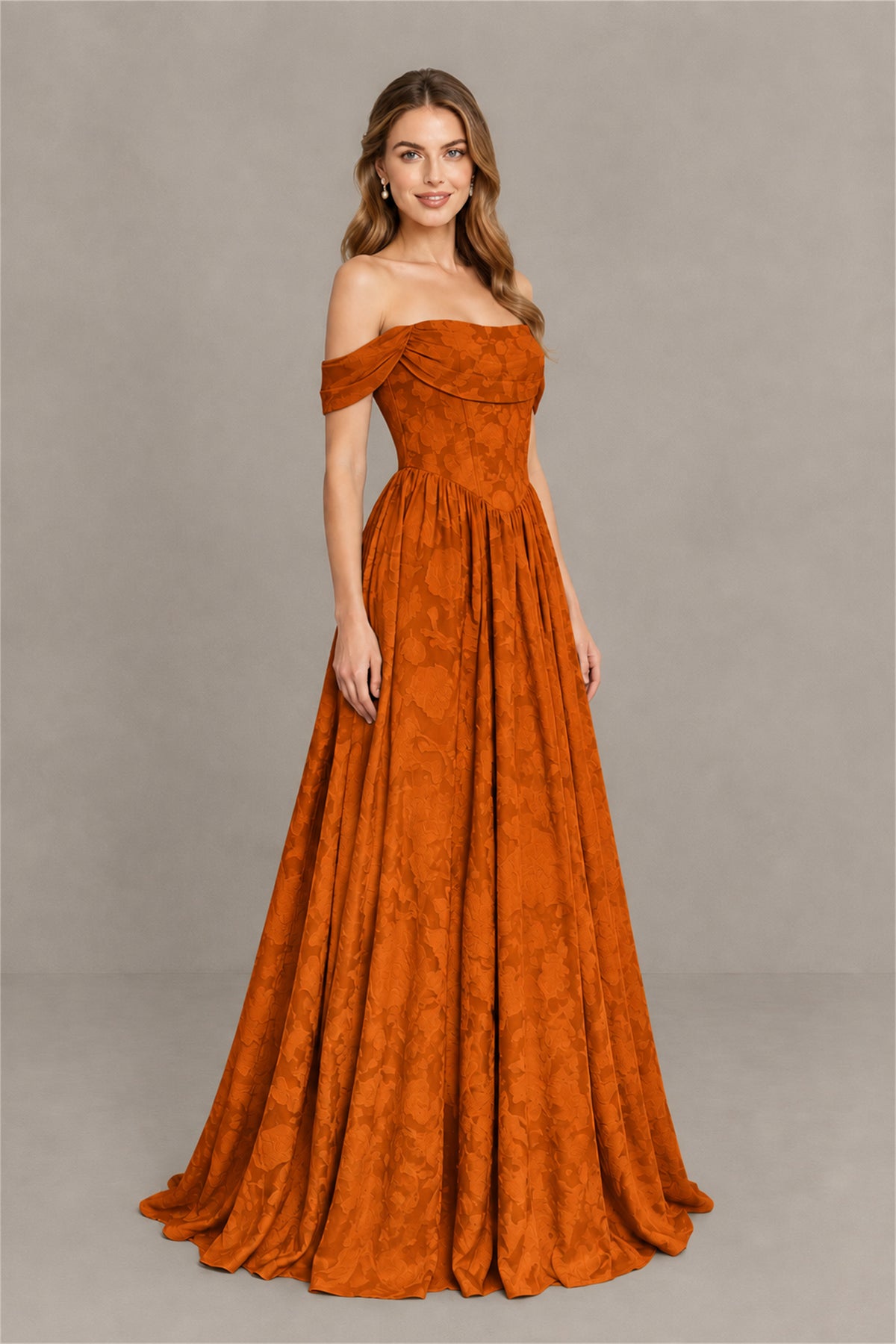 BOLODOO Burnt Orange Off-Shoulder Floral A-Line Maxi Dress - Burnt Orange