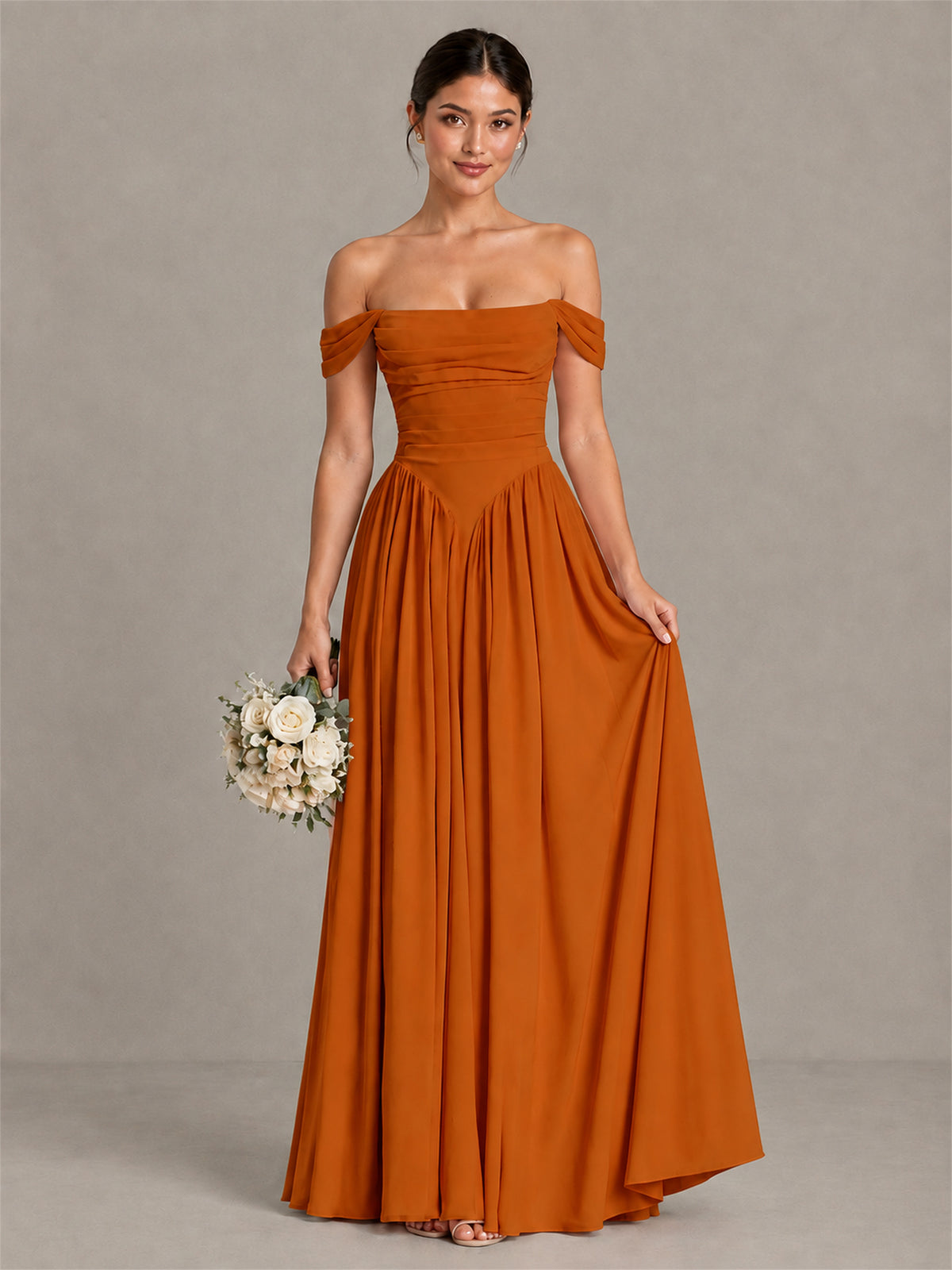 BOLODOO Burnt Orange Off-Shoulder Chiffon A-Line Bridesmaid Dress - Burnt Orange