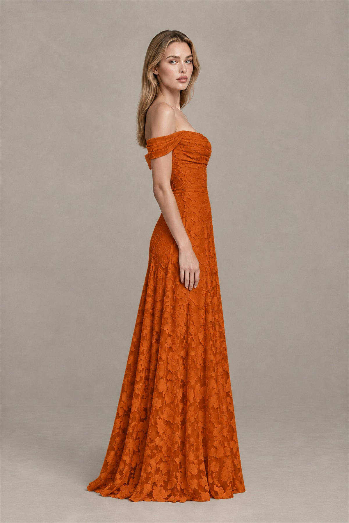 BOLODOO Burnt Orange Off-Shoulder Pleated A-Line Maxi Dress Floral - Burnt Orange