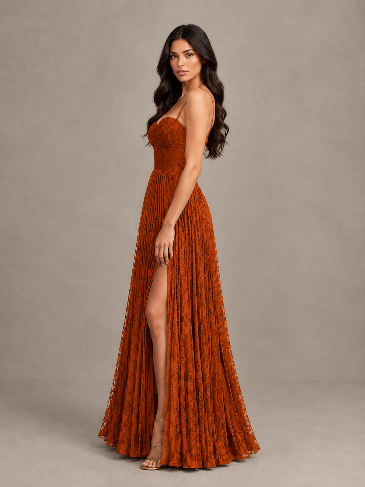BOLODOO Burnt Orange Pleated Bridesmaid Dress with Sweetheart Neckline & Slit - Burnt Orange - Burnt Orange (3)
