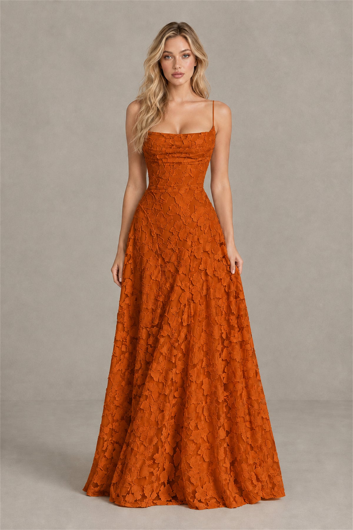 BOLODOO Burnt Orange Floral Appliqué Lace-Up Back Maxi Dress - Burnt Orange