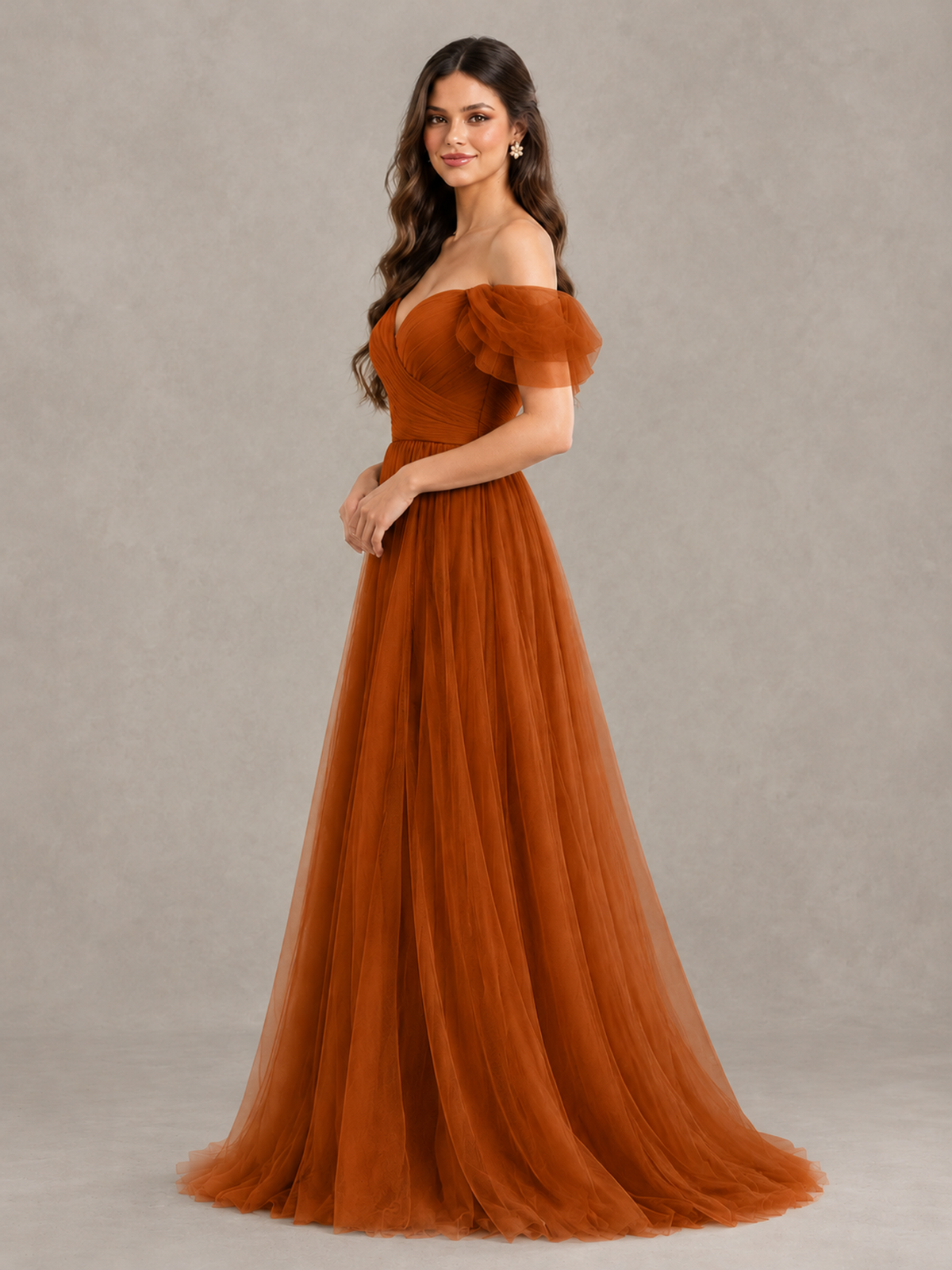 BOLODOO Burnt Orange Off-the-Shoulder Ruffle Sleeve A-Line Bridesmaid Dress - Burnt Orange - Burnt Orange (3)