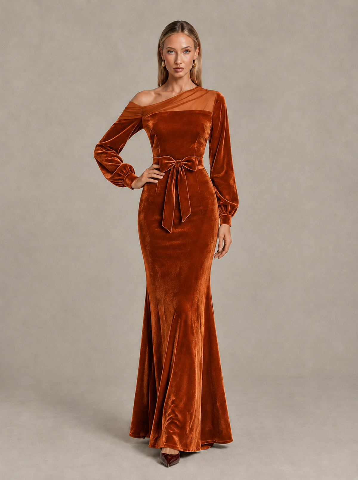 BOLODOO Burnt Orange Velvet Mermaid Evening Dress with Long Sleeves - Burnt Orange - Burnt Orange (3)