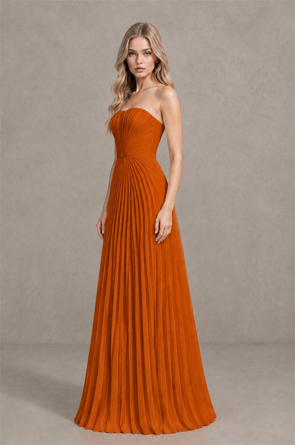 BOLODOO Burnt Orange Strapless Sunburst Pleated Twisted Knot Lace-Up Back Accordion Pleated Chiffon Maxi Dress - Burnt Orange