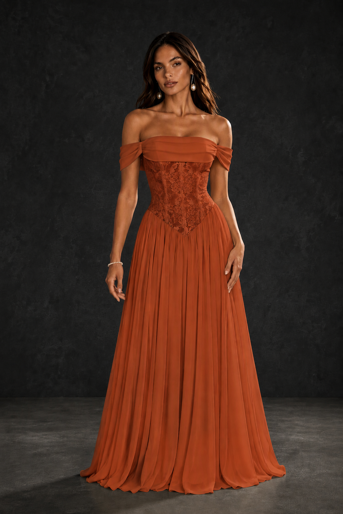 BOLODOO Burnt Orange Off-Shoulder Lace Corset Tulle Maxi Dress - Burnt Orange
