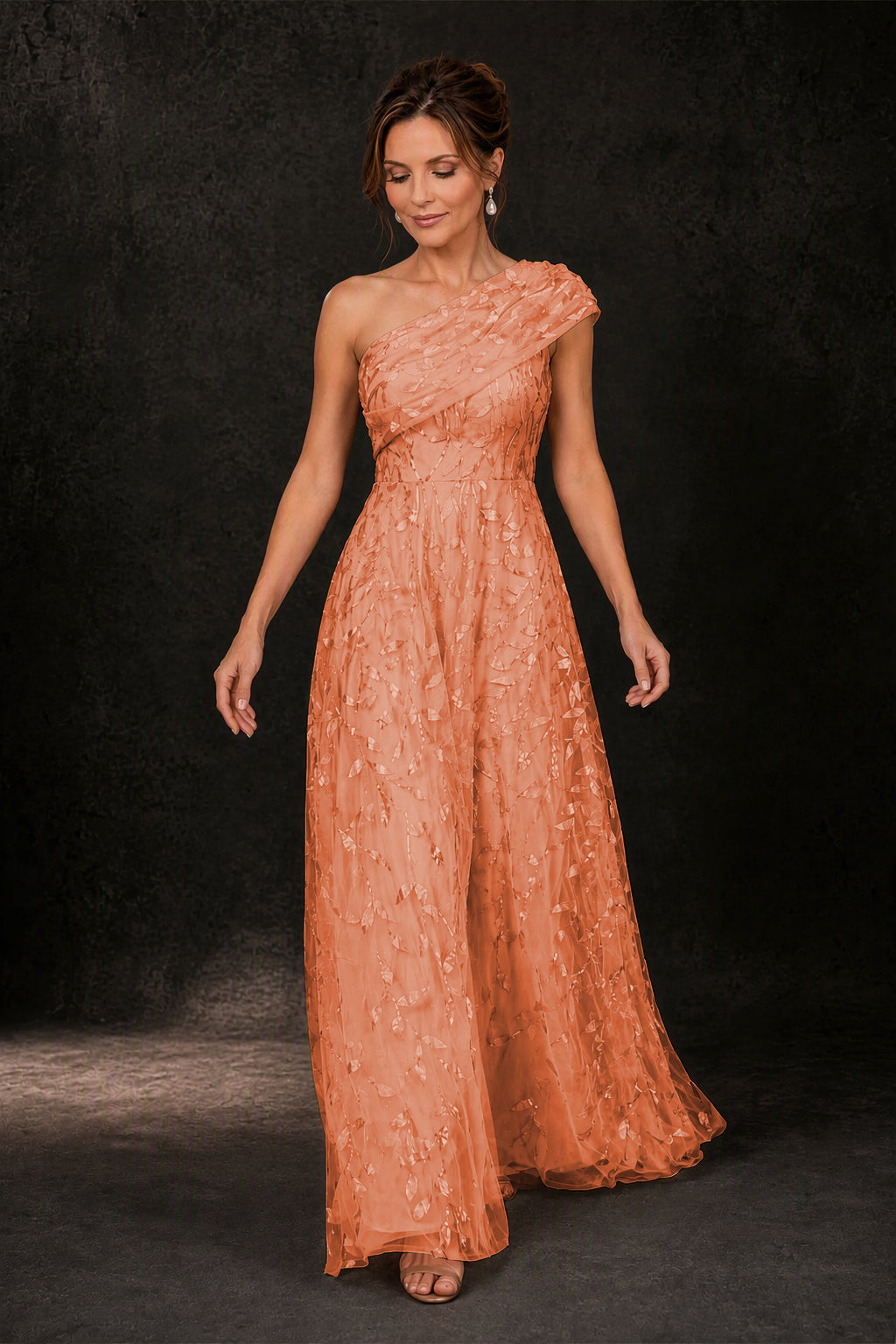 BOLODOO Burnt Orange Leaf Sequin One-Shoulder A-Line Maxi Gown – Mother of the Bride & Formal Evening Dress - Burnt Orange
